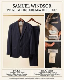 Samuel Windsor 2 Piece Mens Suit 34 Navy 100% Pure New Woo