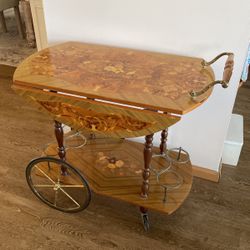 Vintage 1960s Italian Bar Cart Trolley, Hollywood Regency Serving Cart, Inlaid Bar Cart, Dessert Cart Trolley 
