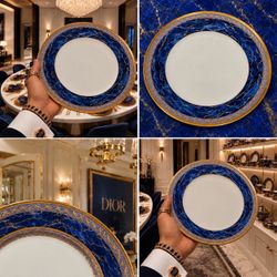 4 PCS Christian Dior Azure Royale Fine Original Art DINNER PLATES 1990’s Vintage Porcelain China REAL GOLD GILT Authentic Brand Name Blue HILLCREST