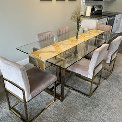 Elegant Glass and Gold Rectangular Table with Six Chairs