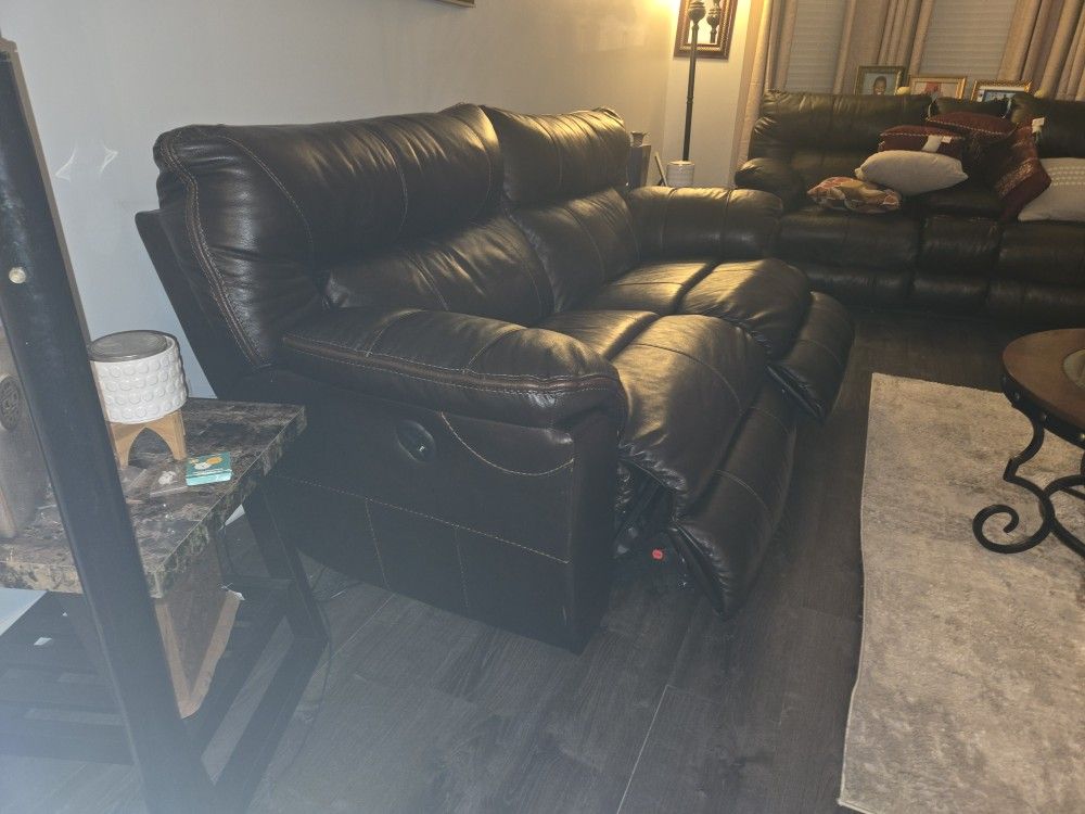 Set Of Genuine Leather Power Recliner Sofas