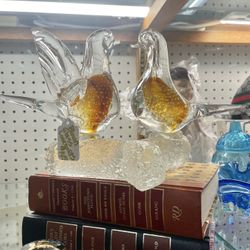 Murano Blown Glass Lovebirds On Branch 