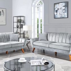 ✅️✅️2 pc light grey velvet fabric mid century modern sofa and love seat set Langley street wooten✅️