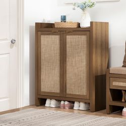 24 Pair Shoe Storage Organizer Cabinet, Rattan Doors,41" Tall Rattan Shoe Cabinet with Doors and Shelves, 6-Tier Farmhouse Boho Wooden Storage Cabinet