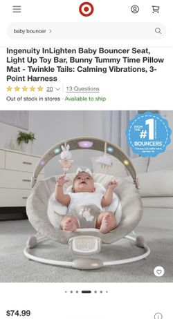 Ingenuity InLighten Baby Bouncer Seat, Light Up Toy Bar, Bunny Tummy Time Pillow Mat - Twinkle Tails: Calming Vibrations, 3- Point Harness