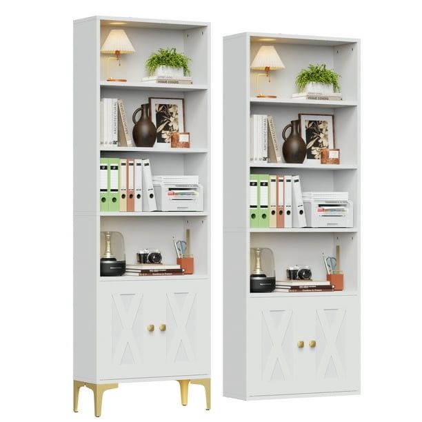 5-Shelf Bookcase with Doors, Adjustable feet, Floor Standing Storage Cabinet for Home Office, White