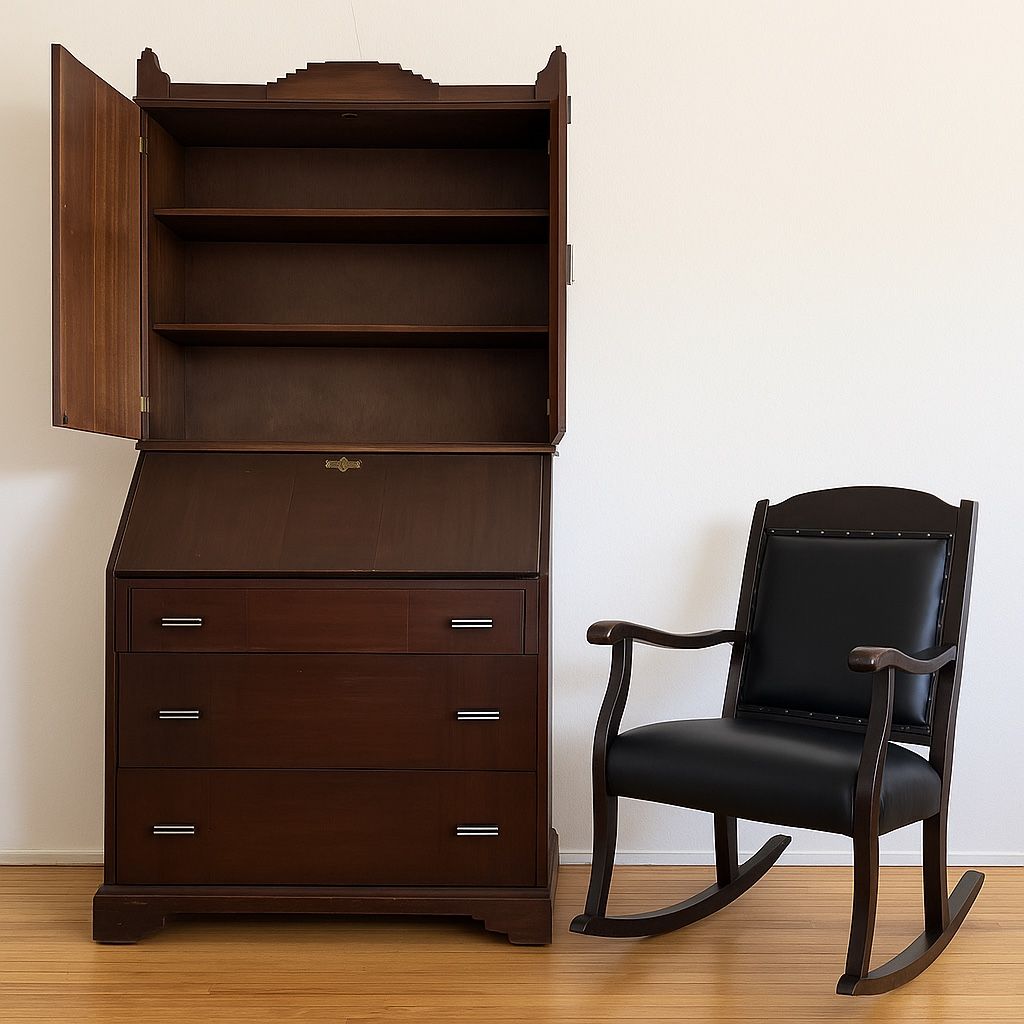 📌 FOR SALE — Vintage Secretary Desk + Rocking Chair (Matching Wood Tone)
