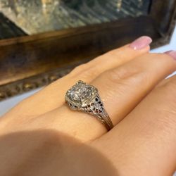 18K White Gold 1.00ct Natural Diamond Art Deco Ring 