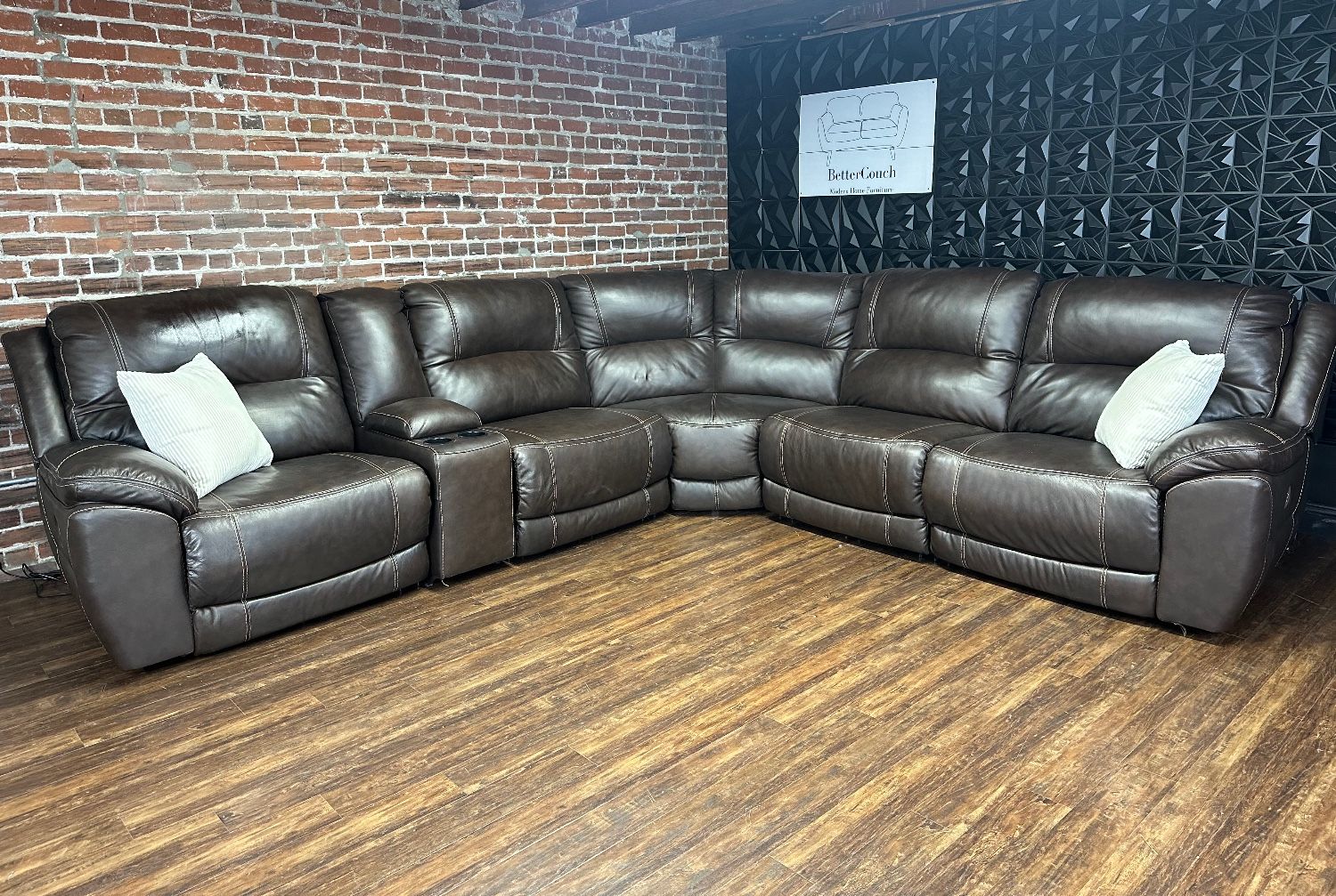 Delivery Available Brown Leather Reclining Sectional Sofa Couch