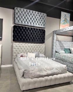 Queen size bed black, grey velvet