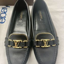 Authentic Louis Vuitton Black Leather Oxford Slip-On Moccasins Loafers Size 38