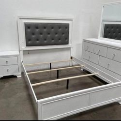 Brand New// White Led Upholstered Bedroom Set, Bed, Nightstand, Dresser, Mirror 