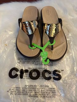 Brown and Gold Crocs Sandals Size 7