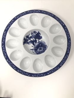 Blue White Rose Ceramic Easter Egg Plate NEW