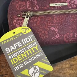 New - Travelon RFID blocking maroon floral multi pocket wallet with wristlet strap