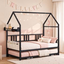 Daybed with Trundle, House Shaped Twin Bed Frame,Black with Storage,Day Sofa Bed for Living Room, Bedroom and Guest Room