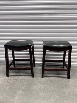 Two Leather and Wood Barstools