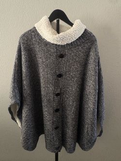 Gray Knit Poncho with Sherpa Collar