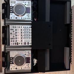 Used DJ Setup - Denon S3500 CD/MP3 players with Behringer DJX Pro 700 4 Channel Mixer and Odyssey DJ Coffin