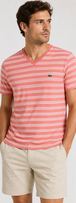 Lacoste Regular Fit Men’s Coral White Striped V-Neck T-Shirt Size 8 (XL) Cotton
