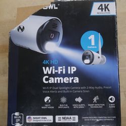 NEW Night Owl 4K HD Wi-fi IP Dual Spotlight Camera w/2-way Audio Voice Alerts. note - damaged box, but item still new.