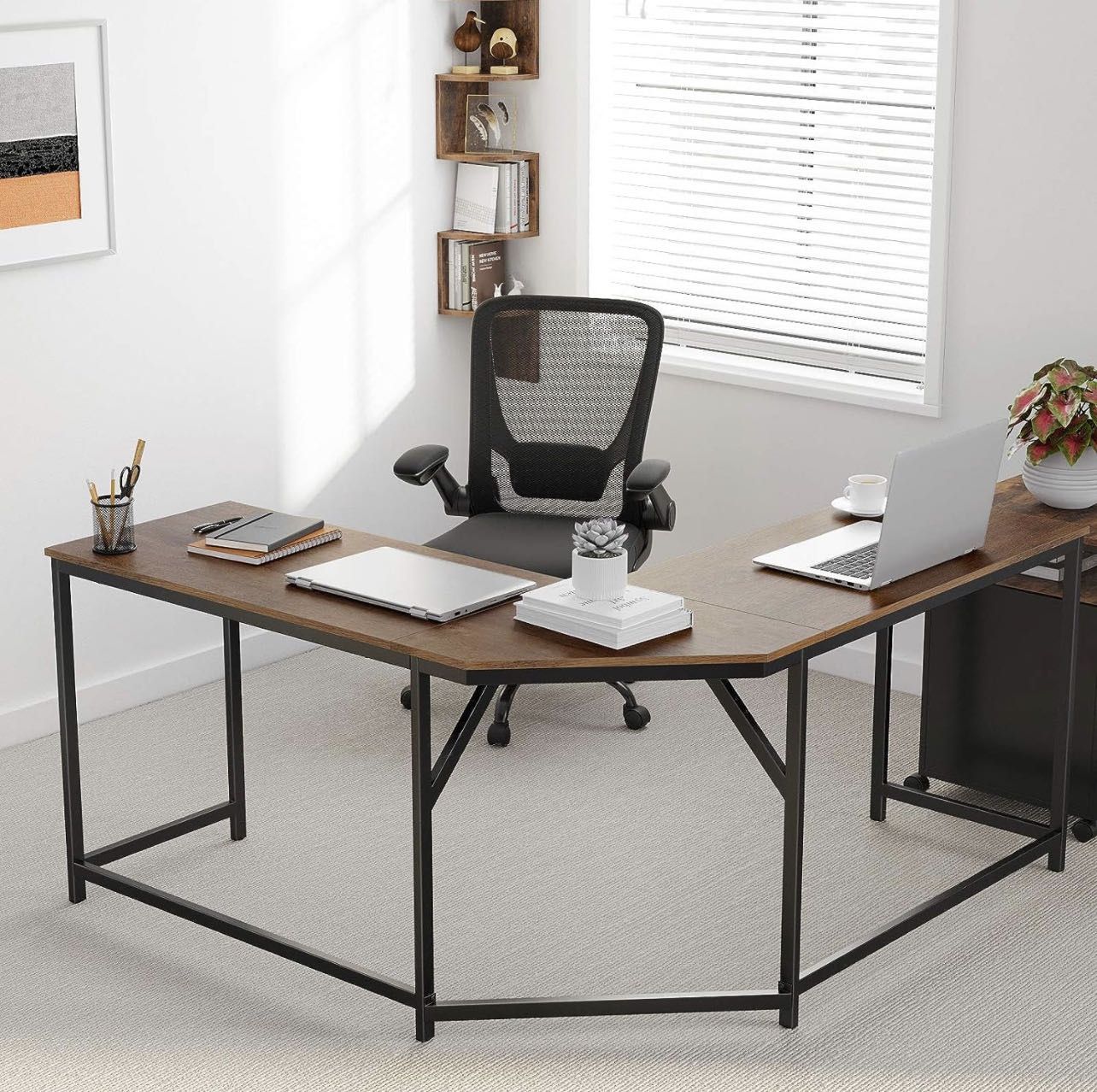 VASAGLE L-Shaped Computer Desk, Industrial Workstation for Home Office Study Writing and Gaming, Space-Saving, Easy Assembly, 58.7”D x 58.7”W, Walnut