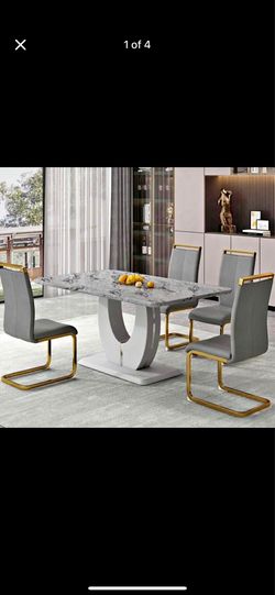 Modern Faux Marble Dining Table with 4 Grey and Gold Chairs