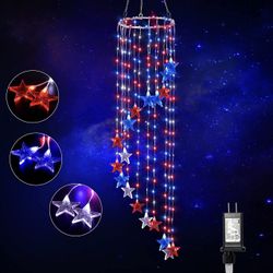 BlcTec 4th of July Decorations, 248 LED Red White and Blue Lights with 19 Big Stars, Patriotic Wind Chimes with Waterproof, 8 Modes & Timer for July 4