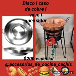 4 Pcs Set Cazo De Cobre Con Vase I Quemador I Comal Nuevo Para Carnitas, Mojaras I Tacos 