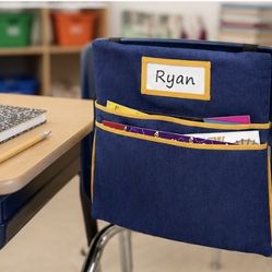 16PCS Chairback Buddy Pockets Chart with 2 Heavy Duty Storage Pocket, Standard Denim/ Yellow, Teacher Supplies, Classroom Organization
