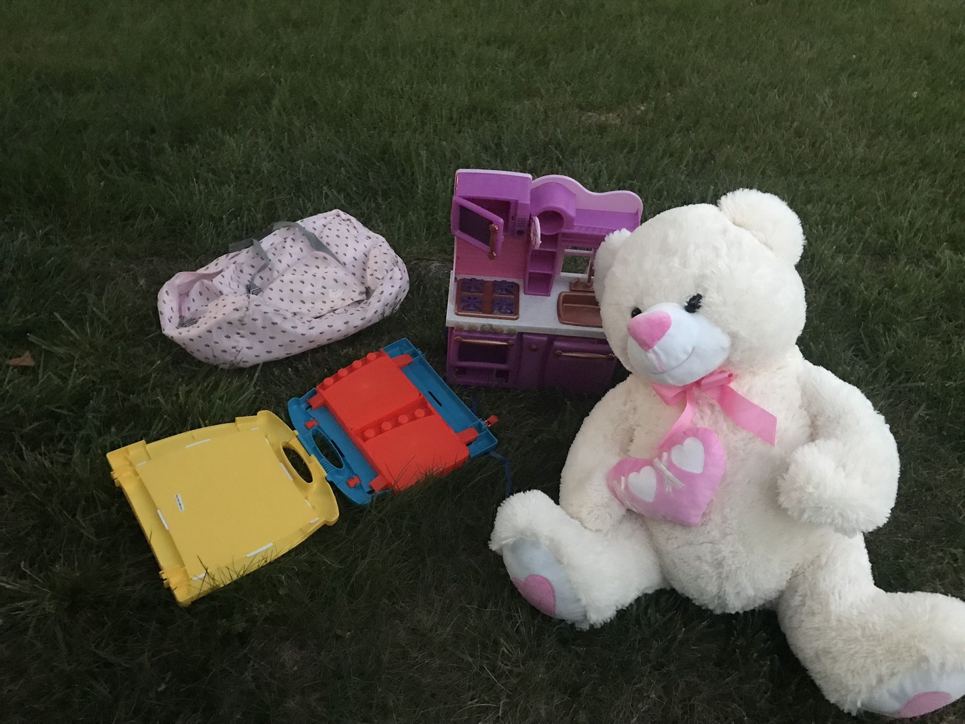A Very Nice Teddy Bear With A Nice Bag, A Little House, An Armoire With A Few Toys (NO SHIPPING)
