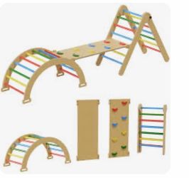 Open box-Pikler Triangle Set, 7-in-1 Foldable Pikler Triangle Climbing Toys Set for Kids,Baby Indoor Playground Jungle Gym, Wooden Montessori Climbing