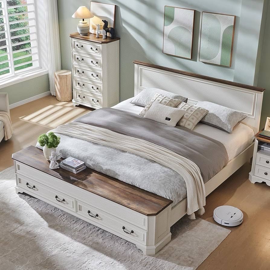 Farmhouse King Bed with Headboard and Storage Bench, Rustic Wood Platform Bed with 80" Storage Chest with 4 Large Storage Drawer
