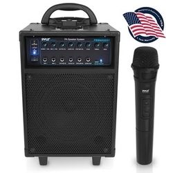 Pyle Wireless Portable PA System-400W Bluetooth Compatible Rechargeable Battery Powered Outdoor Sound Stereo Speaker Microphone Set w/Handle, Wheels-1