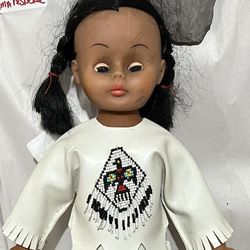 Vtg  Girl Doll Her Eyes Are Black Her Hair Is Black With White Dress And Headband 
