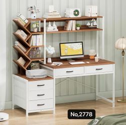 52" Computer Desk with Bookshelf, 5 Drawers with Printer Shelf, Study Writing Desk with Storage Shelves, Brown and White
