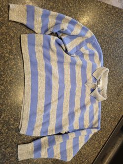 Women lg Idioms blue/gray horizontal stripe collared neck cropped vintage sweater Lot 320