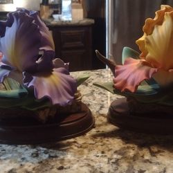 Beautiful Andrea By Sadek Porcelain Iris Flowers With Removable Wooden Base 7" X 6"