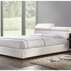 MODERN WHITE BONDED LEATHER PLATFORM STYLE QUEEN SIZE BED HIDDEN NIGHT STANDS - CAMA