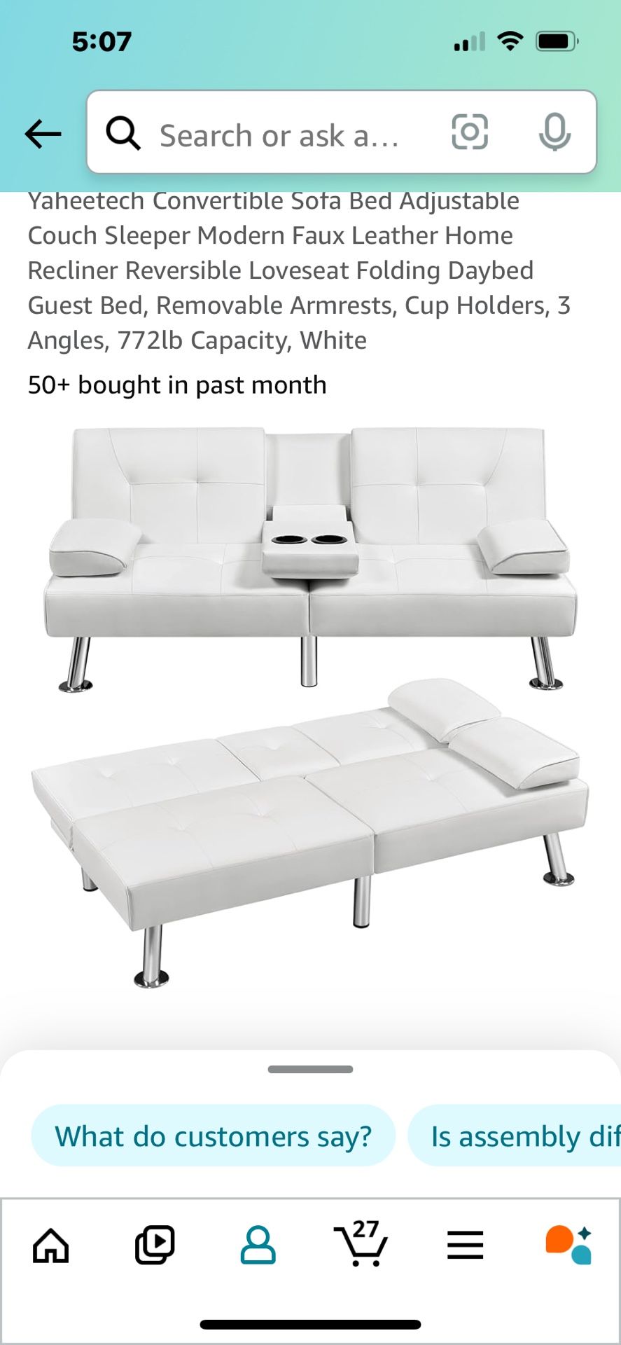 Retro White Faux Leather Couch/bed