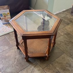 Hexigon Glass & Wood End Table 