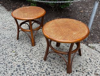 Pair of 1960s MCM  Bentwood Bamboo Cane Top Round Side End Table