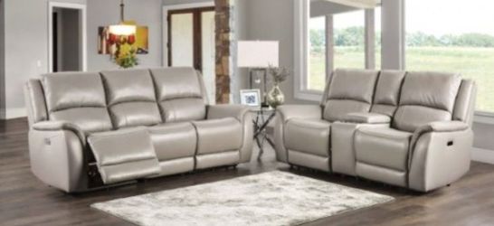 Brand New Grey Top Grain Leather Power Reclining Sofa & Loveseat