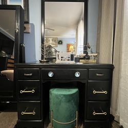 Black Solid Wood Vanity & Mirror With Green Stool***FREE LOCAL DELIVERY***