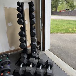 Rubber Hex Dumbbell Set w/ Weight Tree