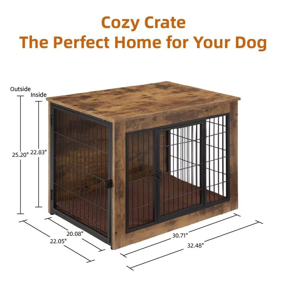 Dog Crate Furniture with Cushion, Wooden Dog 