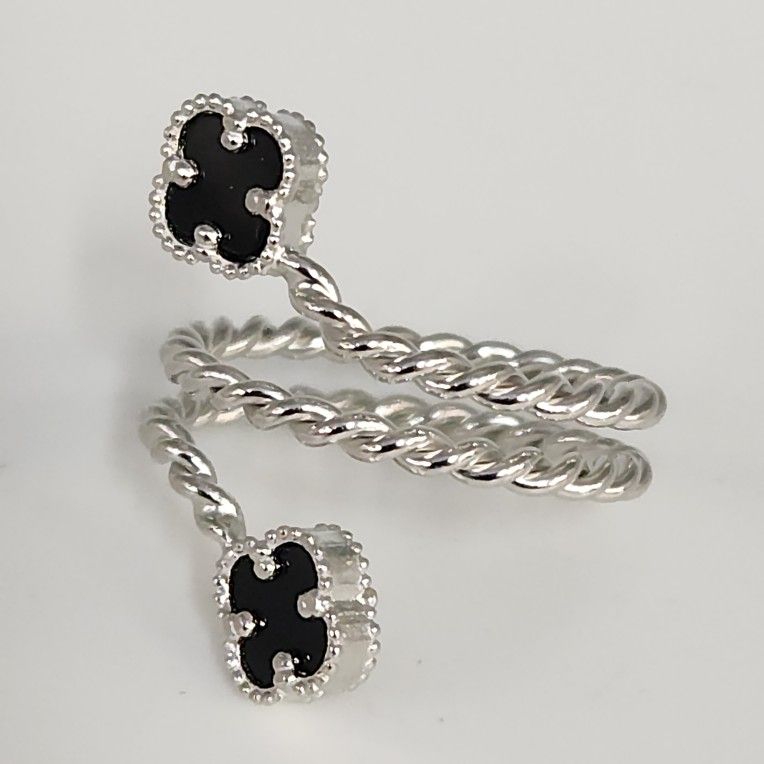 Elegant Silver Double Onyx Clover Adjustable Ring