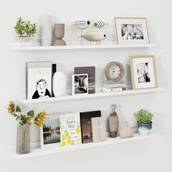 Picture Ledge Shelf 48 Inch, White Floating Shelves for Wall Set of 3, Picture Shelf for Wall with Ledge, Long Floating Shelves with Lip, Photo Ledge 