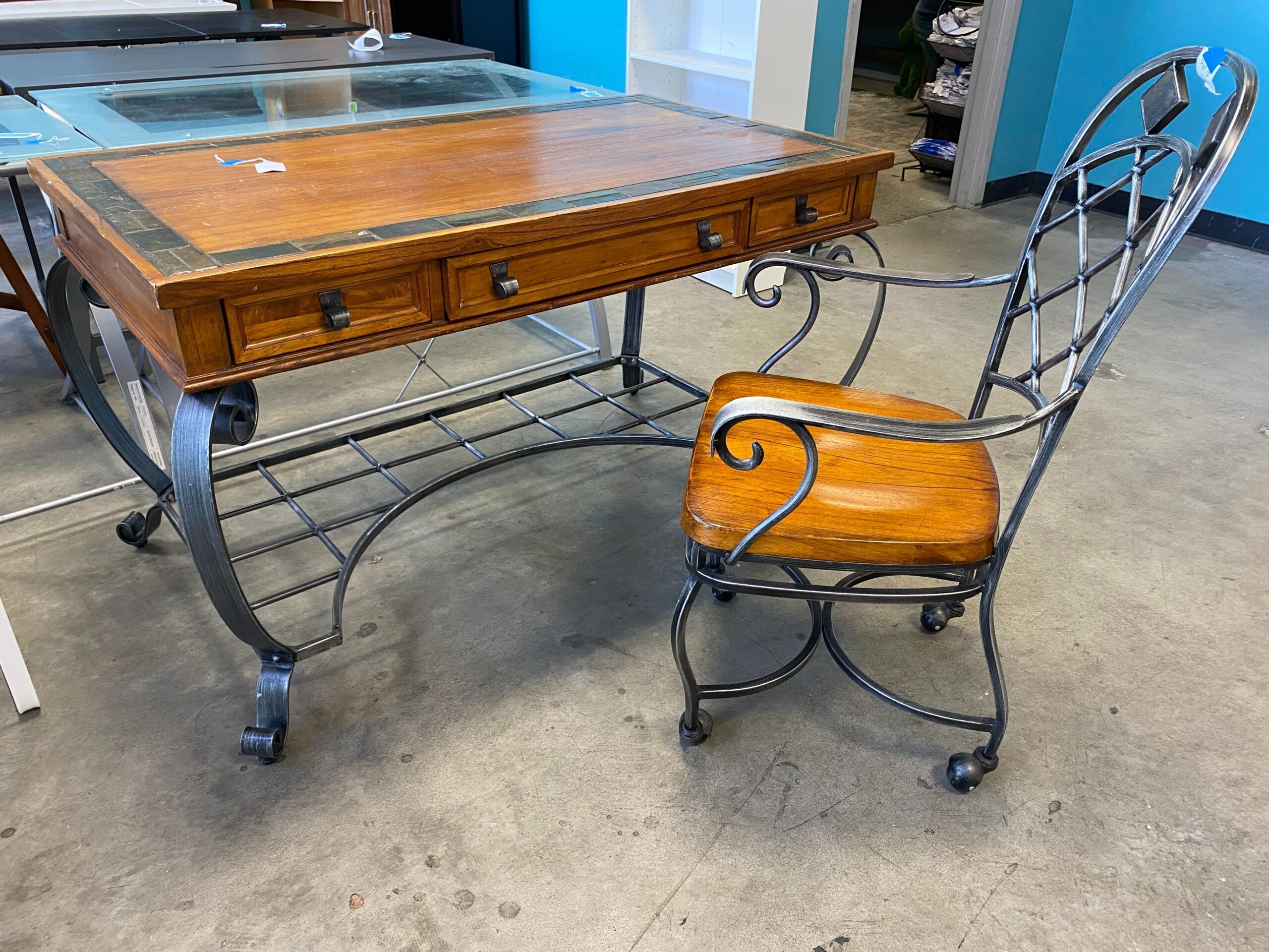 Wood Office Desk with Metal Base and Matching Chair