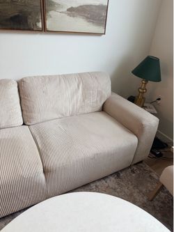 Loveseat/Two Seater Couch, white Coffee Table, Side Chair, Console Table and Lamb, Wall Art